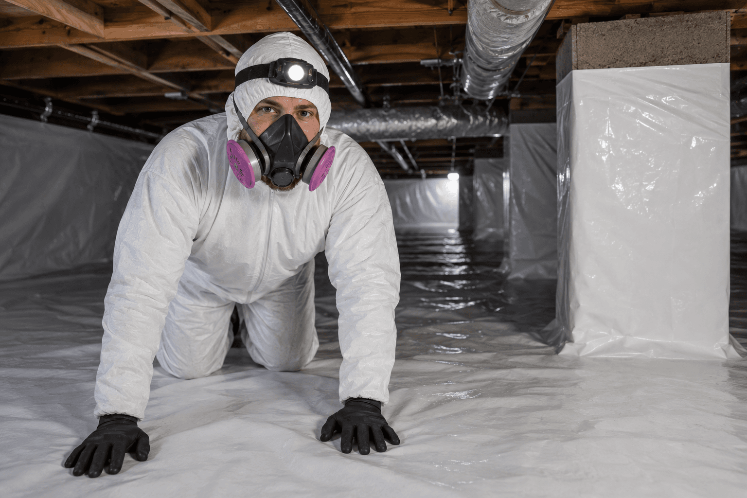 A Drape the Space technician in protective gear installing a vapor barrier during a crawl space encapsulation in Charlotte, NC