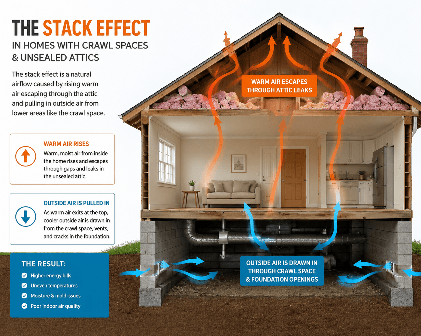 Diagram of the stack effect: warm air escaping through an unsealed attic while outside air is pulled in through the crawl space — driving up energy bills, moisture, and poor indoor air