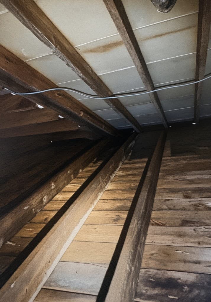 Bare attic framing after a full insulation removal